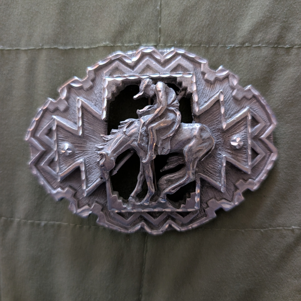 Vintage 1995 Native American Warrior Belt Buckle EJC Made in USA Western Horse